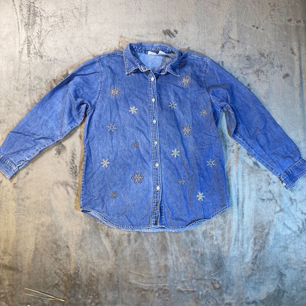 Christmas Snowflakes, Denim, Women's, Large, Button Front Blouse, C-3
